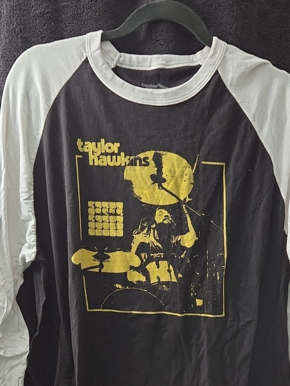 Taylor Hawkins Raglan Tee - Black & White with Yellow Print